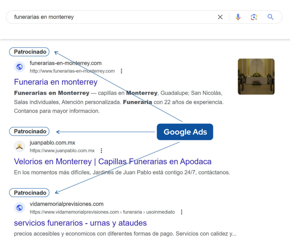 ejemplo de resultados de google ads para servicios funerarios