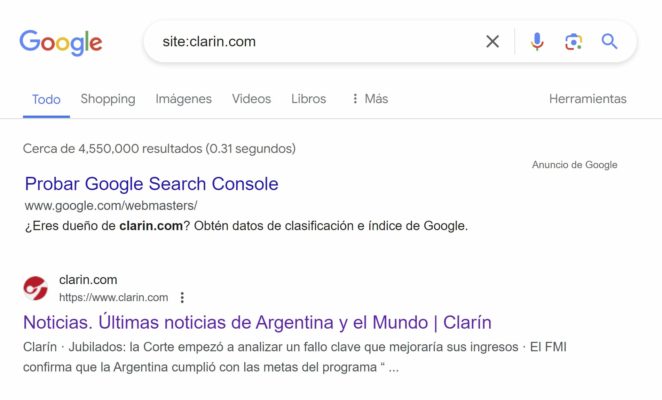 Ejemplo de páginas indexadas a nivel SEO en la web de periódico Clarín