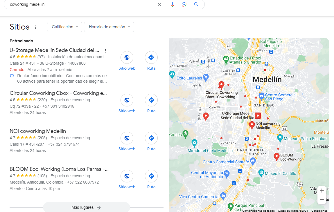 resultados de google maps para espacios de coworking